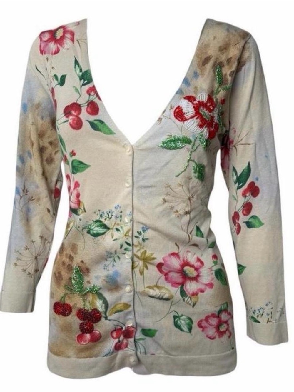 Charlotte Tarantola Vintage Beaded Cherry Floral Cardigan